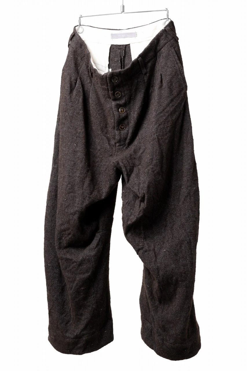 YUTA MATSUOKA 2tucks wide trousers / natural wool linen (dark brown) - Image 12