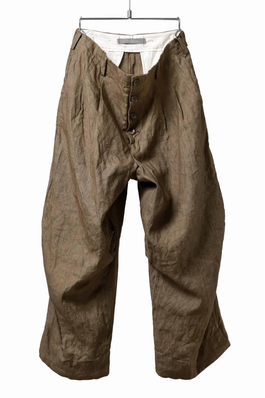 YUTA MATSUOKA 2 tucks wide trousers / sulfur dyed canvas linen (brown)