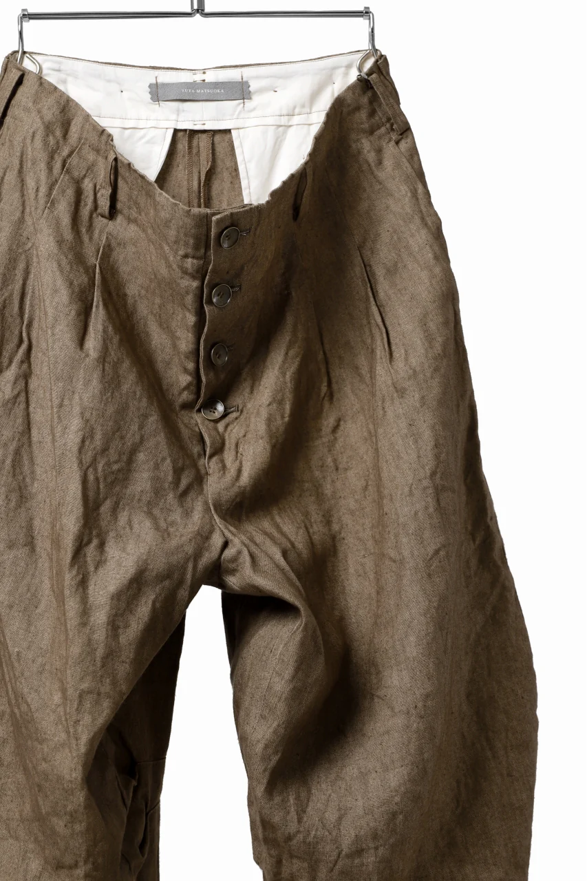 YUTA MATSUOKA 2 tucks wide trousers / sulfur dyed canvas linen (brown) - Image 12