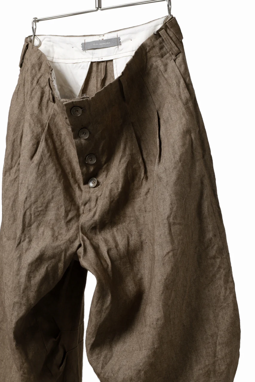 YUTA MATSUOKA 2 tucks wide trousers / sulfur dyed canvas linen (brown) - Image 13