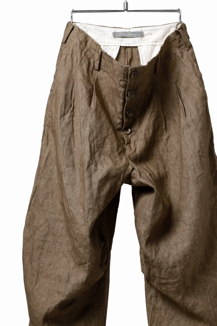 YUTA MATSUOKA 2 tucks wide trousers / sulfur dyed canvas linen (brown) - Image 14