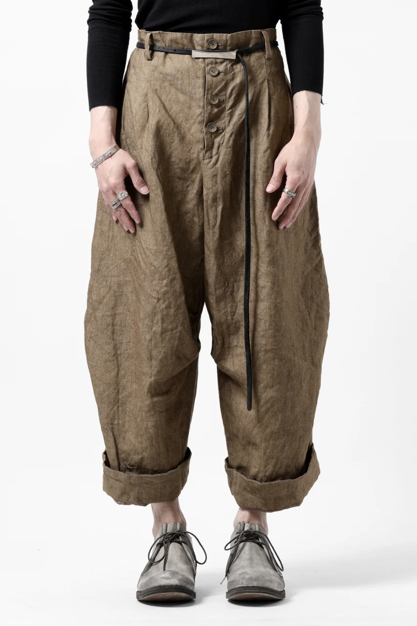 YUTA MATSUOKA 2 tucks wide trousers / sulfur dyed canvas linen (brown) - Image 2