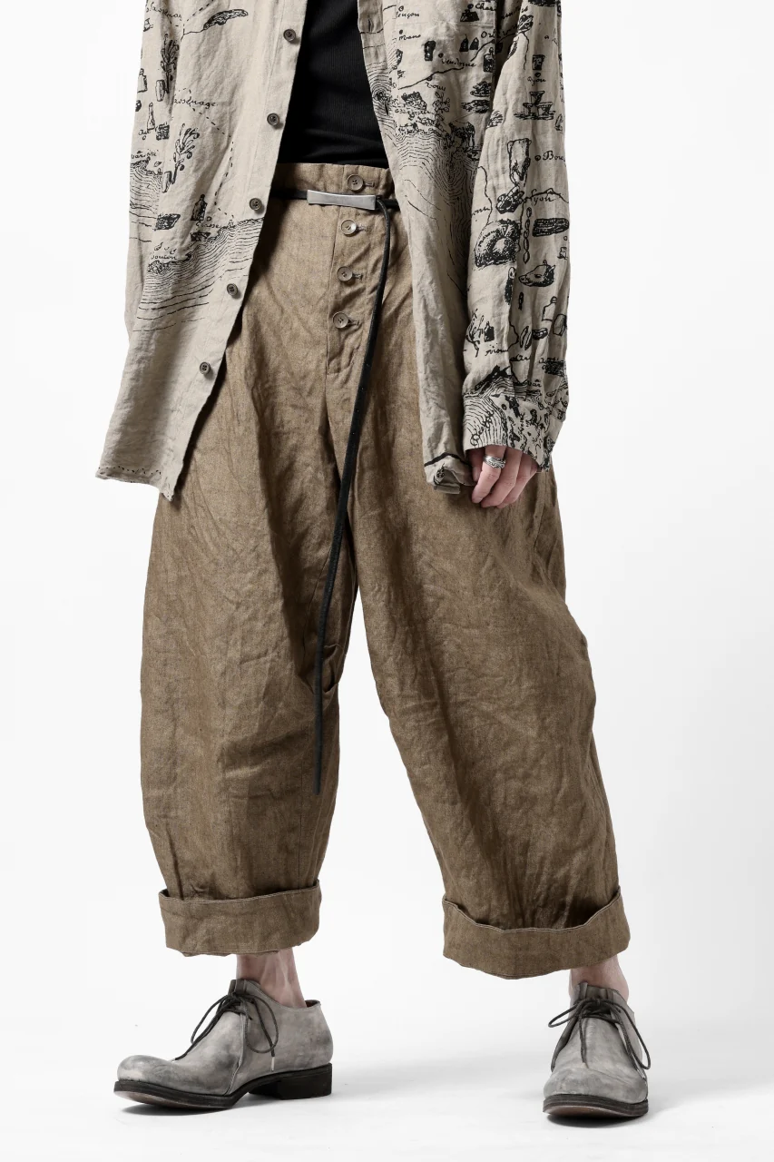YUTA MATSUOKA 2 tucks wide trousers / sulfur dyed canvas linen (brown) - Image 24