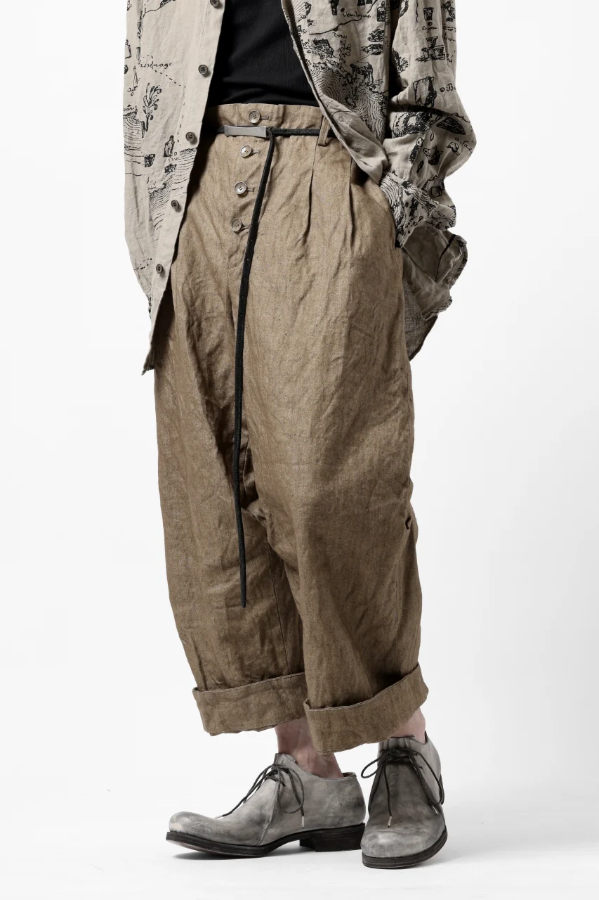 YUTA MATSUOKA 2 tucks wide trousers / sulfur dyed canvas linen (brown) - Image 25
