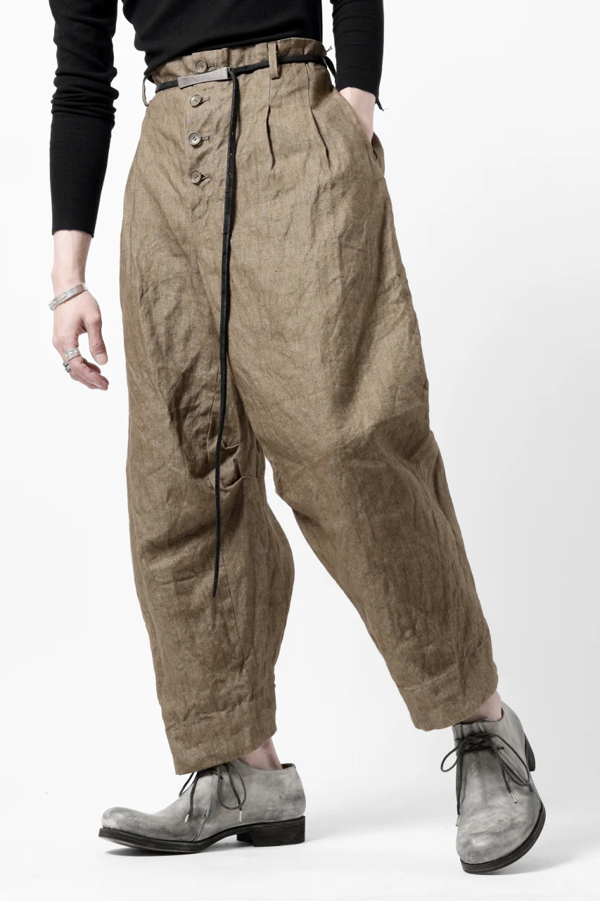 YUTA MATSUOKA 2 tucks wide trousers / sulfur dyed canvas linen (brown) - Image 29