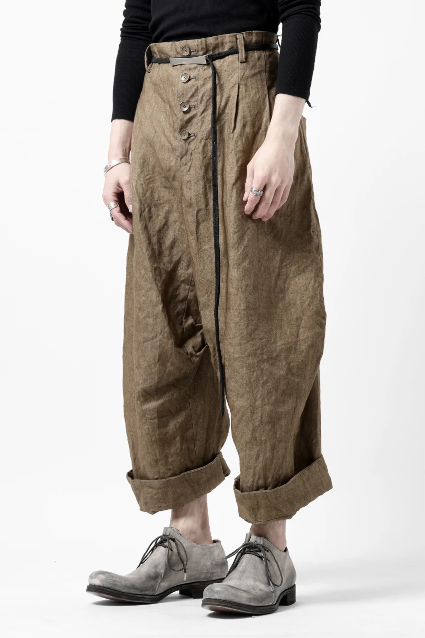 YUTA MATSUOKA 2 tucks wide trousers / sulfur dyed canvas linen (brown) - Image 3