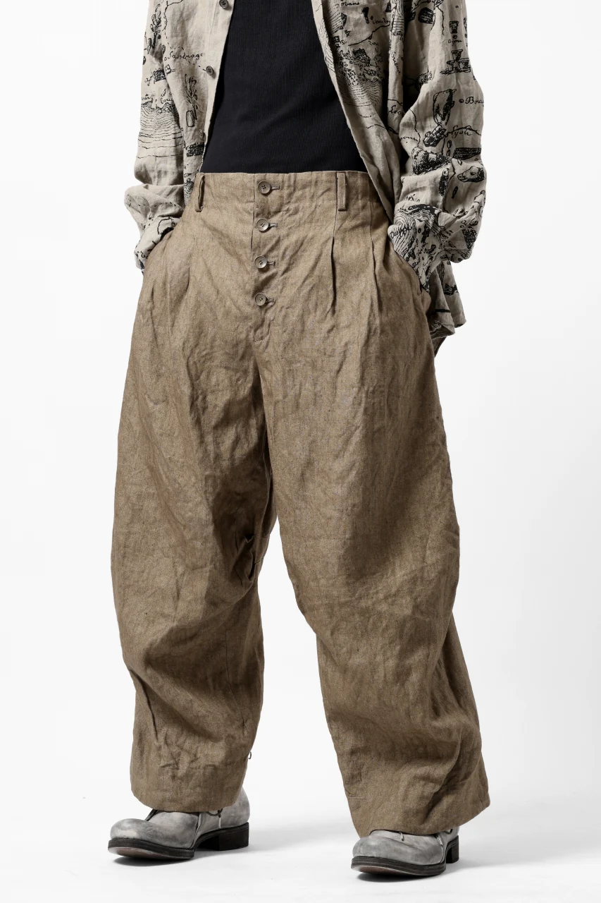 YUTA MATSUOKA 2 tucks wide trousers / sulfur dyed canvas linen (brown) - Image 34