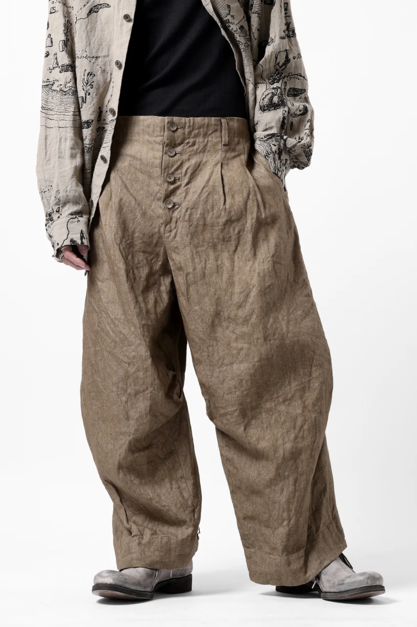 YUTA MATSUOKA 2 tucks wide trousers / sulfur dyed canvas linen (brown) - Image 35