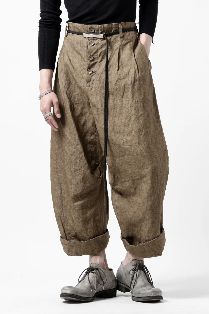 YUTA MATSUOKA 2 tucks wide trousers / sulfur dyed canvas linen (brown) - Image 4