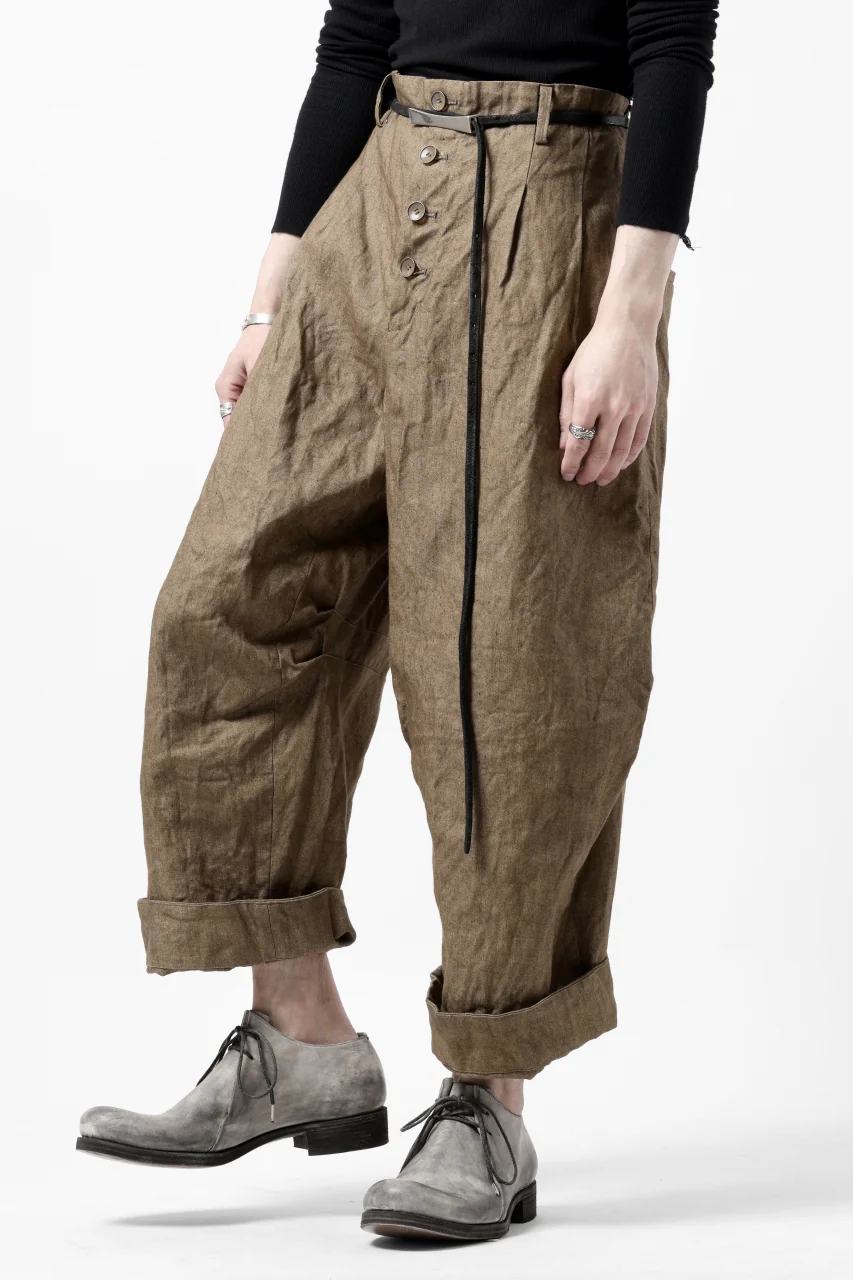 YUTA MATSUOKA 2 tucks wide trousers / sulfur dyed canvas linen (brown) - Image 6