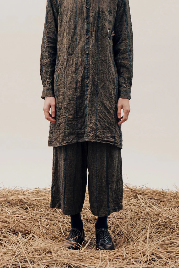 YUTA MATSUOKA buggy trousers / natural wrinkles linen (dark brown stripe) - Image 30
