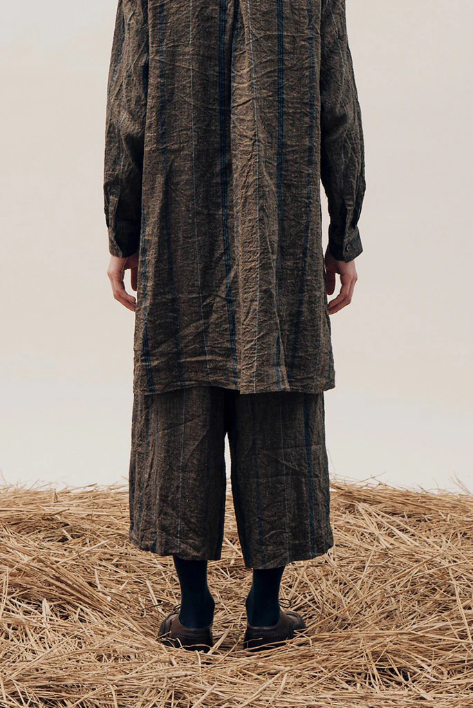 YUTA MATSUOKA buggy trousers / natural wrinkles linen (dark brown stripe) - Image 31