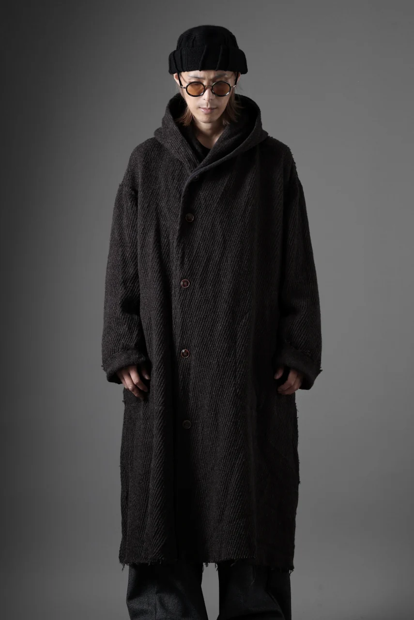 YUTA MATSUOKA hoodie gown coat / wool linen kersey (dark brown) - Image 25