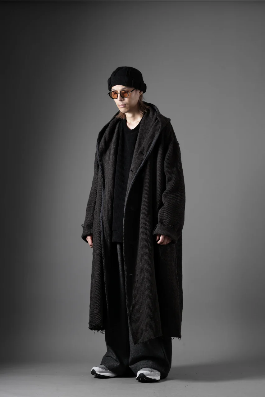 YUTA MATSUOKA hoodie gown coat / wool linen kersey (dark brown) - Image 28