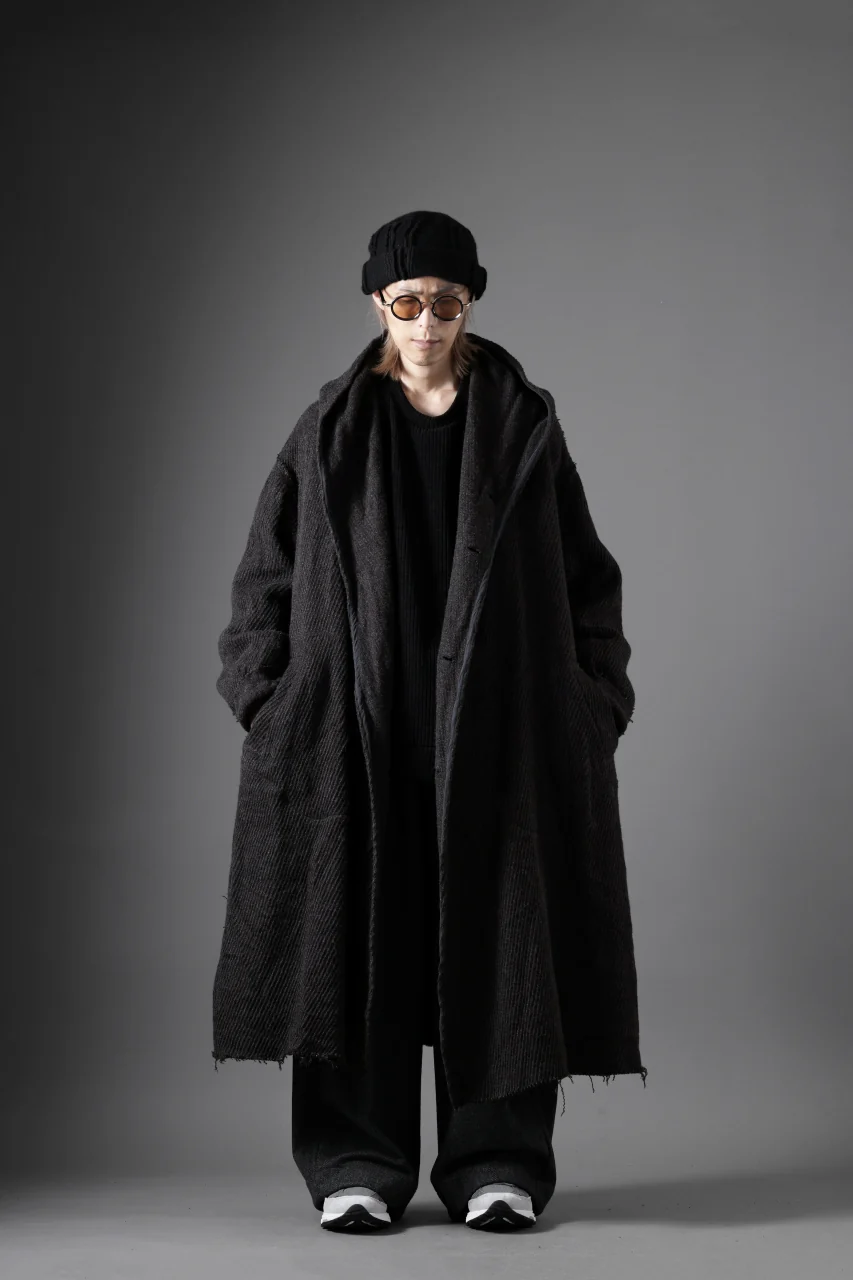 YUTA MATSUOKA hoodie gown coat / wool linen kersey (dark brown) - Image 29