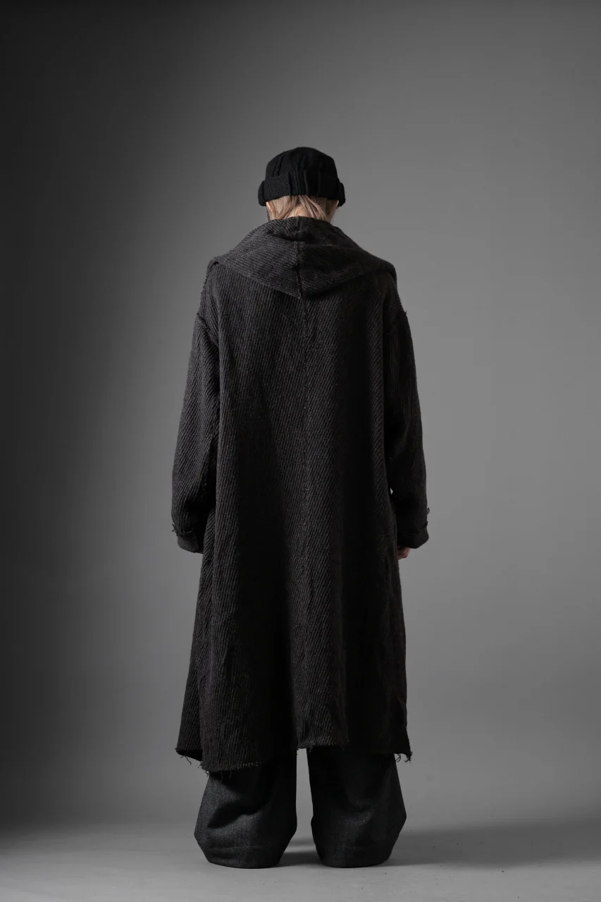 YUTA MATSUOKA hoodie gown coat / wool linen kersey (dark brown) - Image 30