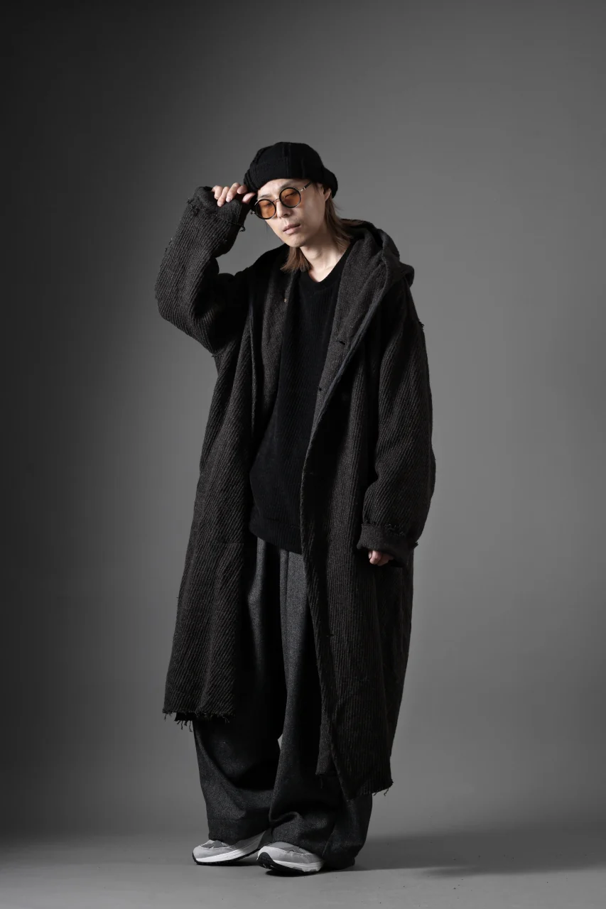 YUTA MATSUOKA hoodie gown coat / wool linen kersey (dark brown) - Image 31