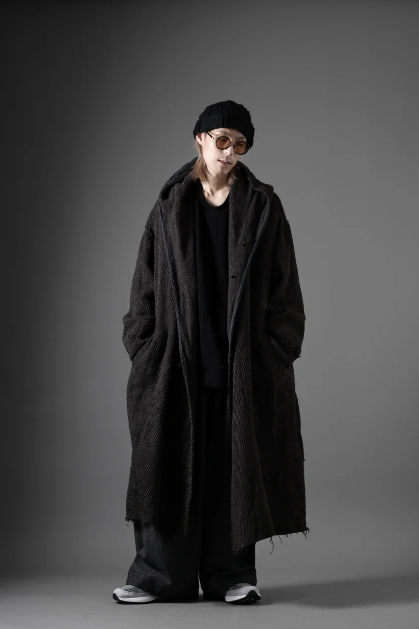 YUTA MATSUOKA hoodie gown coat / wool linen kersey (dark brown) - Image 33