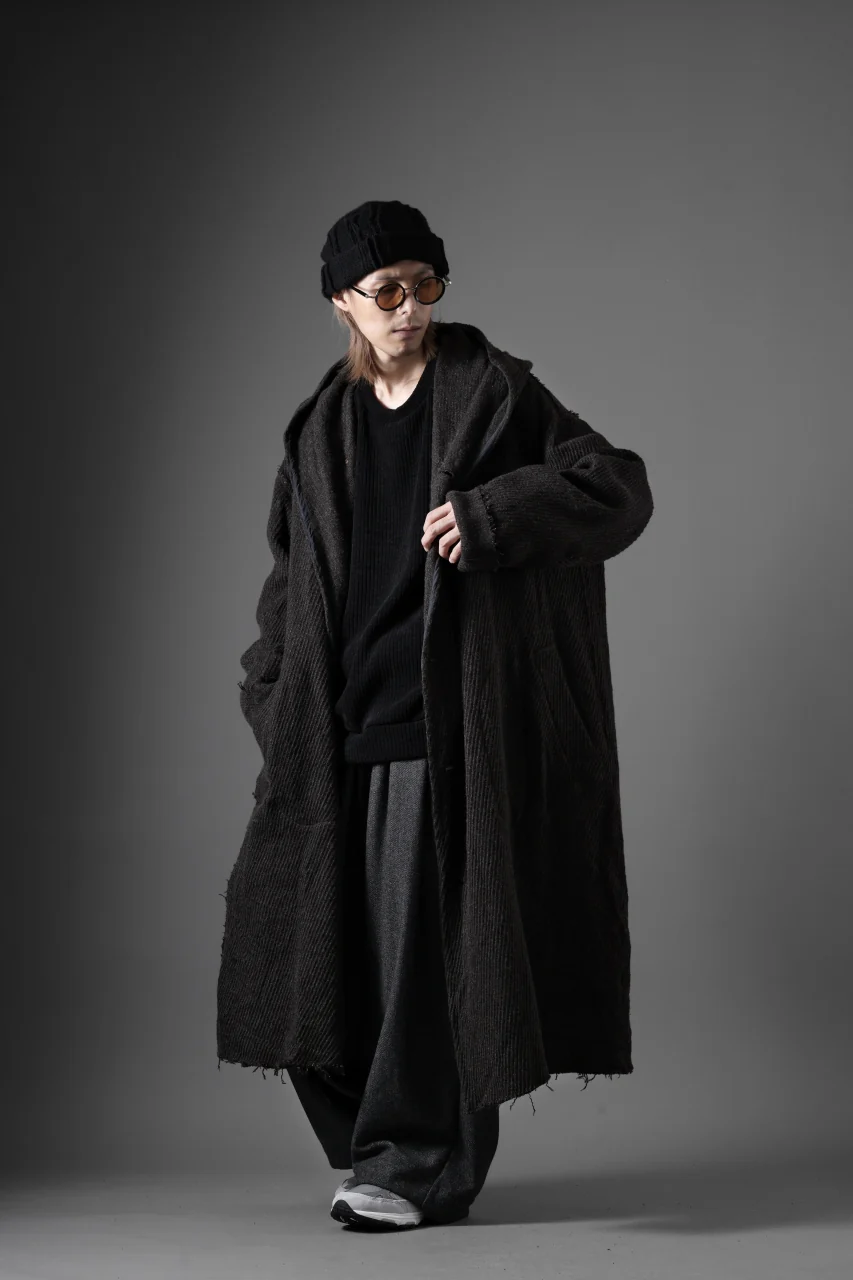 YUTA MATSUOKA hoodie gown coat / wool linen kersey (dark brown) - Image 34