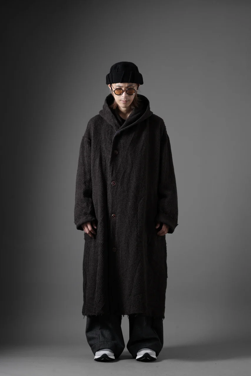 YUTA MATSUOKA hoodie gown coat / wool linen kersey (dark brown) - Image 36