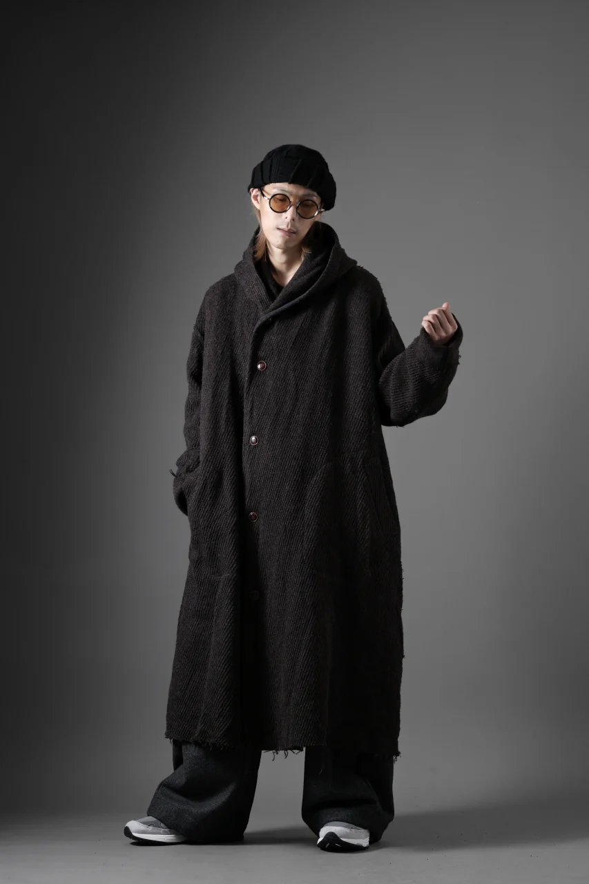 YUTA MATSUOKA hoodie gown coat / wool linen kersey (dark brown) - Image 37