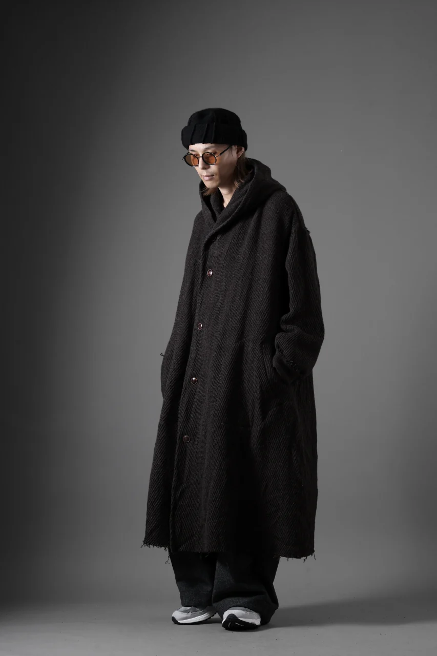 YUTA MATSUOKA hoodie gown coat / wool linen kersey (dark brown) - Image 38