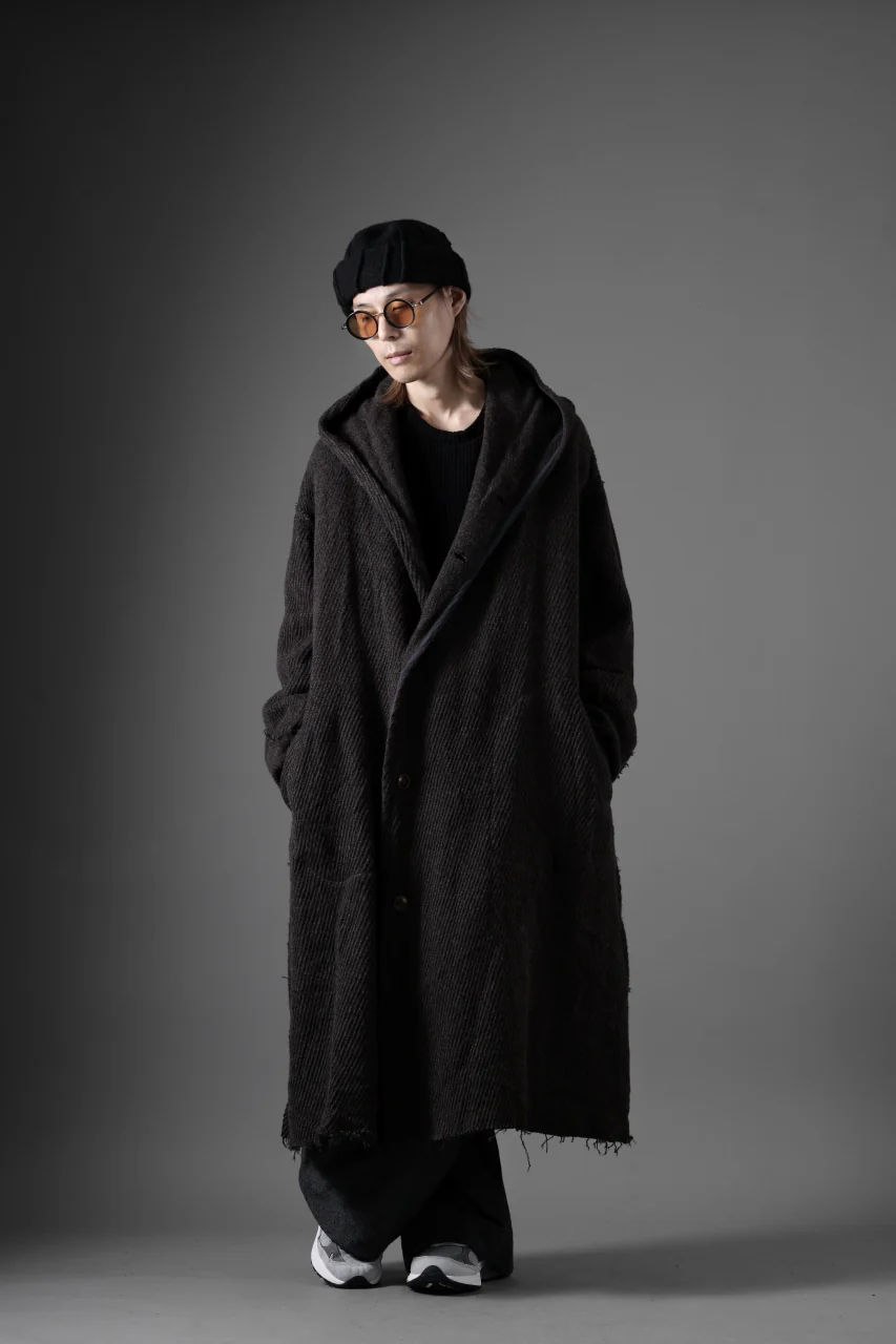YUTA MATSUOKA hoodie gown coat / wool linen kersey (dark brown) - Image 39