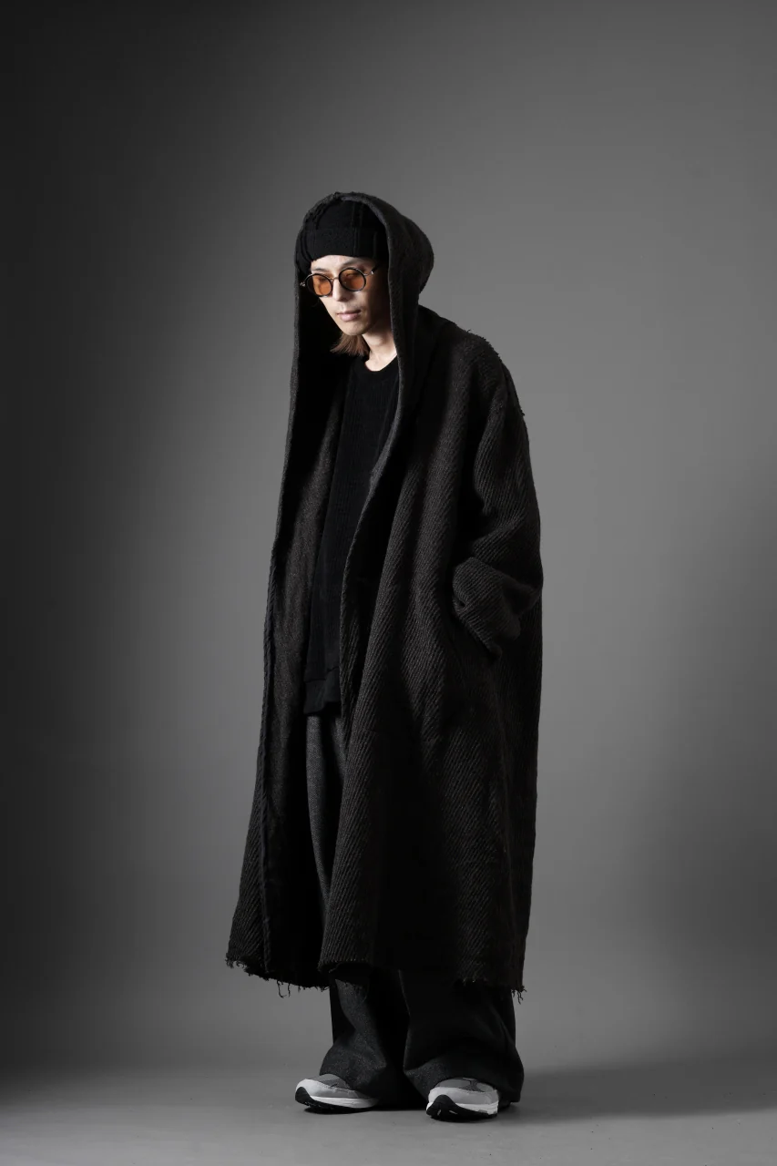 YUTA MATSUOKA hoodie gown coat / wool linen kersey (dark brown) - Image 40