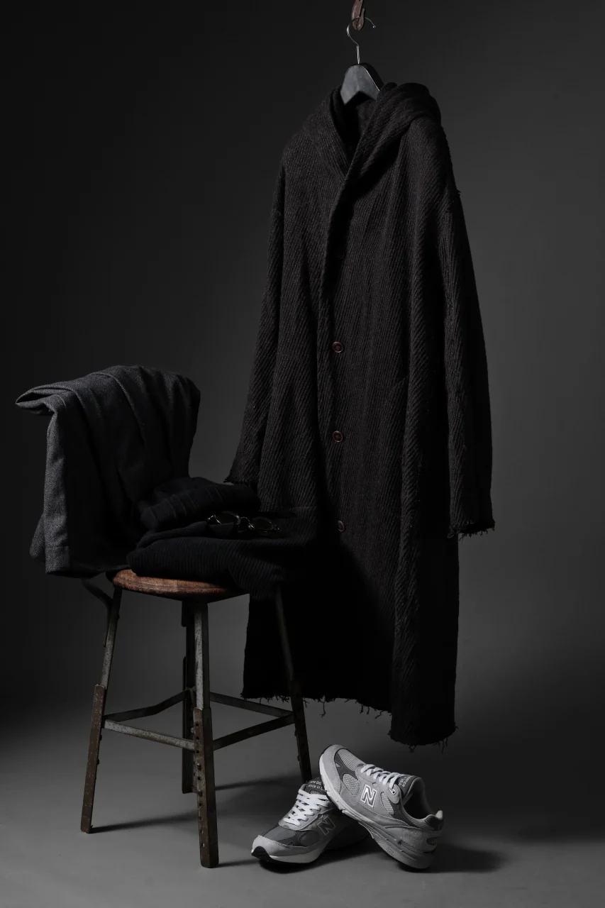 YUTA MATSUOKA hoodie gown coat / wool linen kersey (dark brown) - Image 42