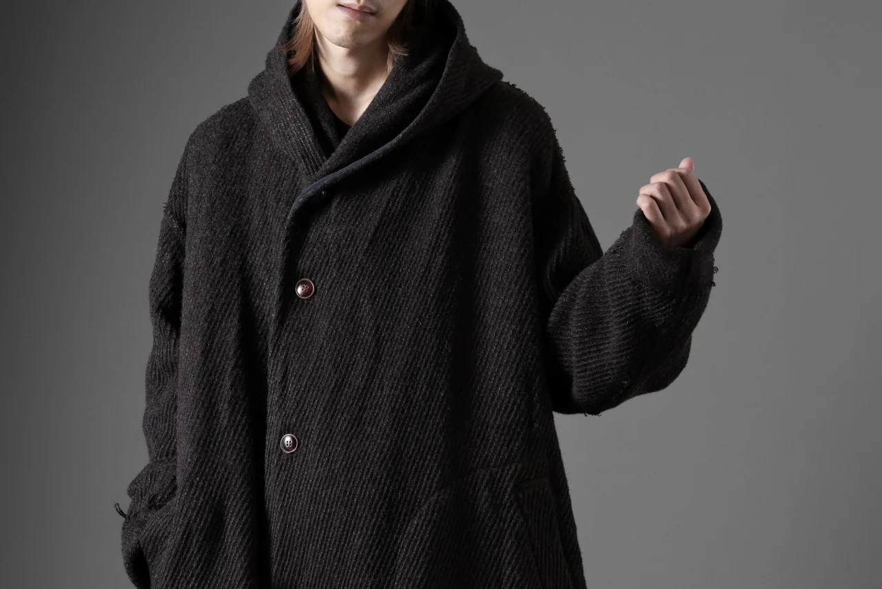 YUTA MATSUOKA hoodie gown coat / wool linen kersey (dark brown) - Image 43