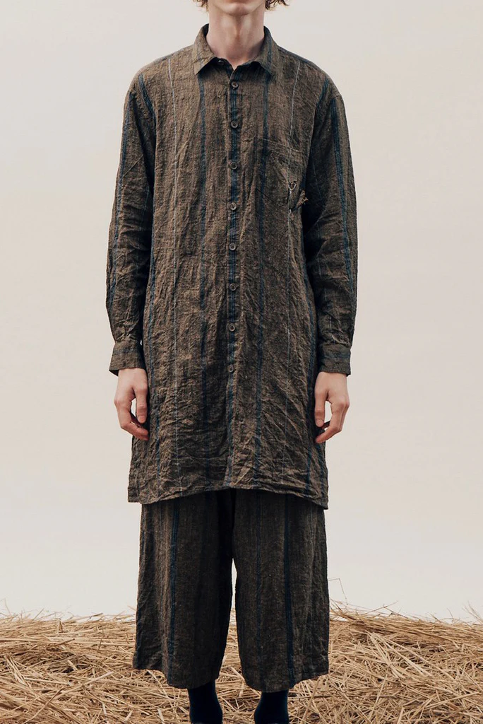 YUTA MATSUOKA long shirt / natural wrinkles linen (dark brown stripe)