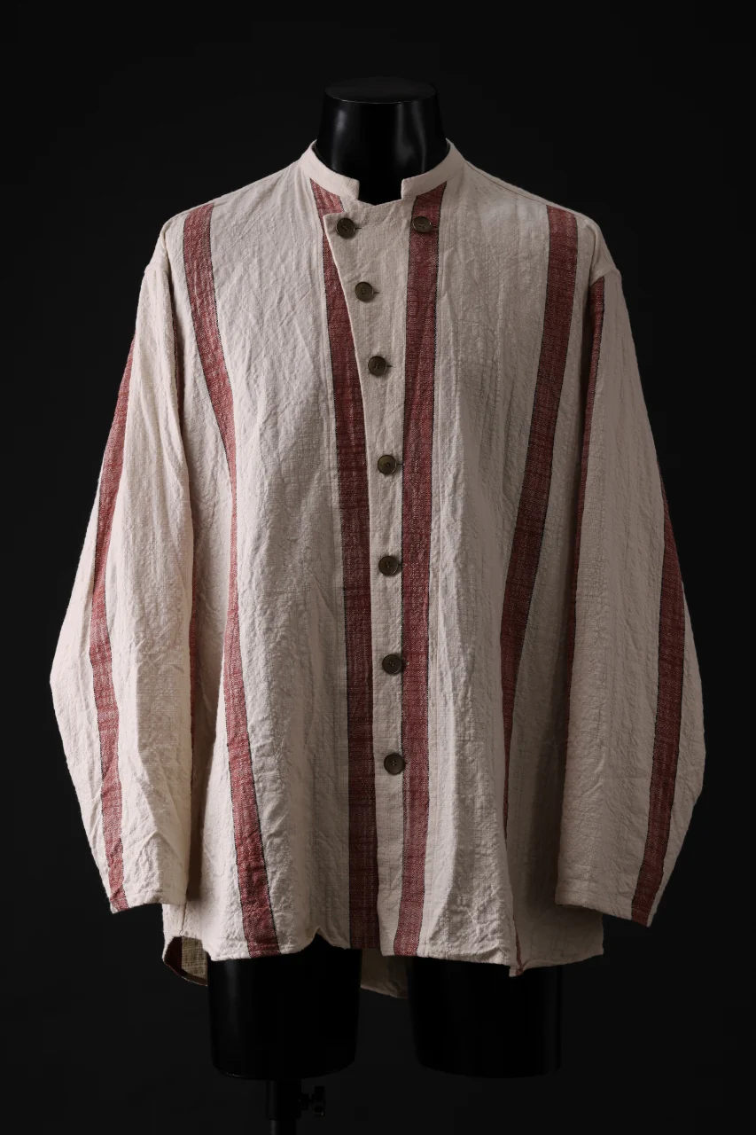 YUTA MATSUOKA stand collar shirt / organic cotton slub (red stripe)