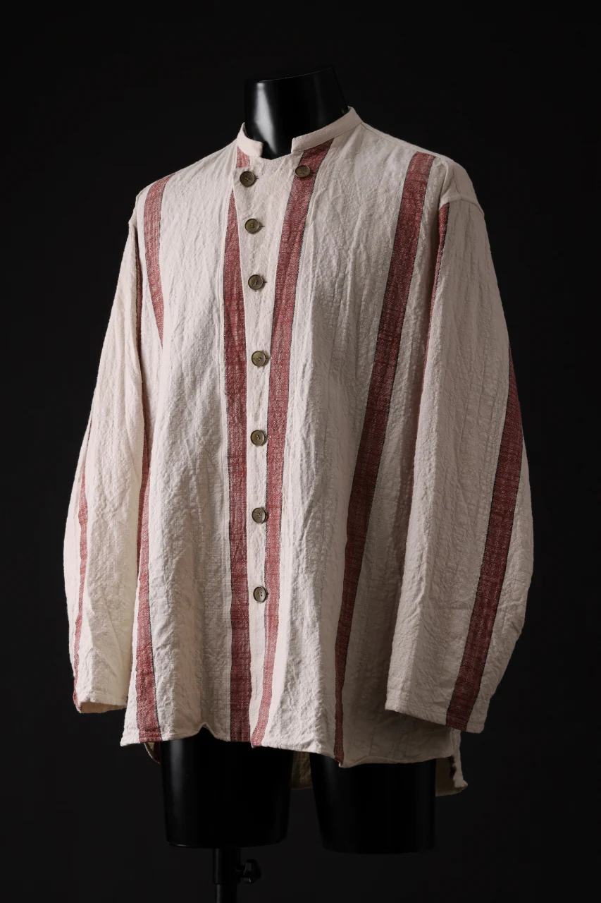 YUTA MATSUOKA stand collar shirt / organic cotton slub (red stripe) - Image 2
